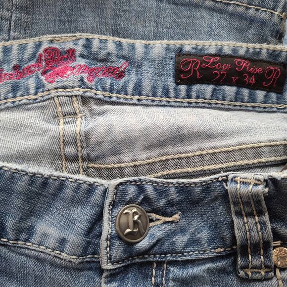 Rock & Roll Cowgirl Blue Denim Distressed Low Rise Jeans 27 x 34 - Picture 5 of 5